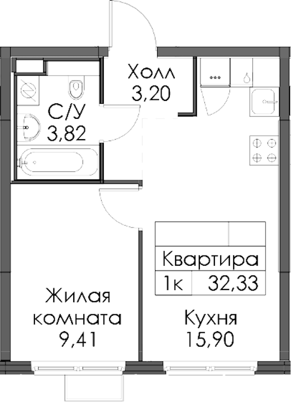 1-комнатная квартира 32.33 м², 7/12 эт., ЖК «Таллинский парк»